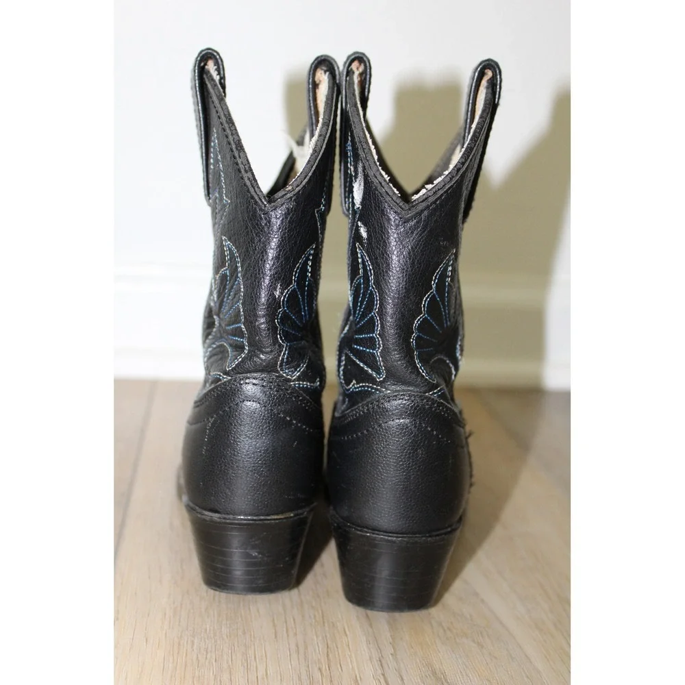 Kids Black Leather Western Cowboy Boots Blue Stitching Round Toe Size‎ 9